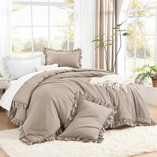 Litanika Light Coffee Full Size Comforter Sets, 3 Pieces Ruffle Farmhouse Aesthetic Bedding Comforter Sets, All Season Soft Lightweight Fluffy Microfiber Bed Set(79x90In Comforter, 2 Pillowcases)