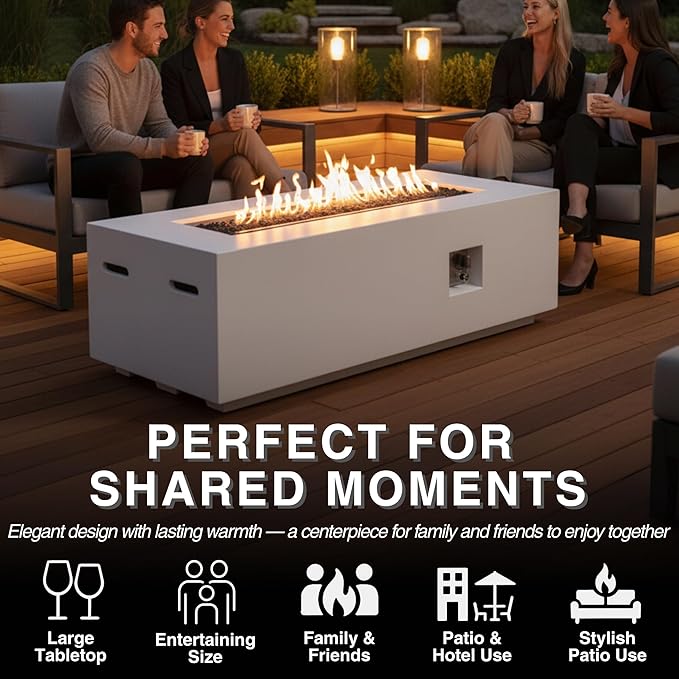 HillAethel 60-Inch Outdoor Gas Propane Fire Pit Table with Propane Tank Cover,Set-2-Piece,60,000 BTU Concrete Fire Pit with Free Rain Cover, Tank Seat, Lava Rocks, for Outside Patio Backyard,White