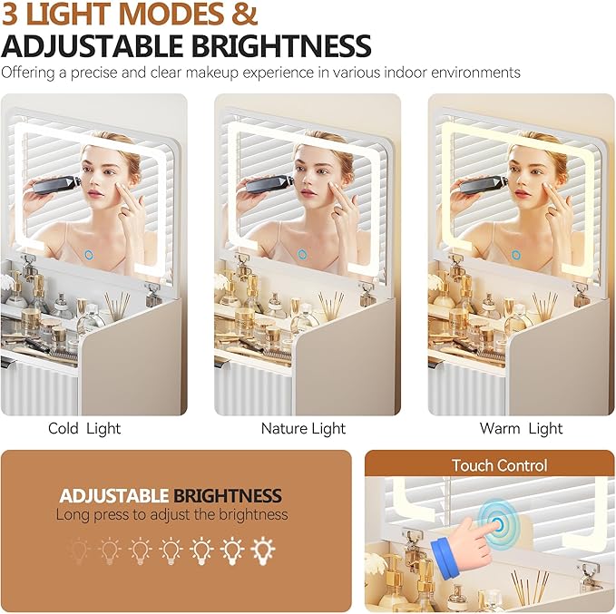 LED 3 in 1 Vanity Desk with Flip Top Mirror, Small Makeup Table with Glass Desktop, Compact Dressing Table with Storage and Cushioned Stool with Wheels, 3 Drawers, for Bedroom White