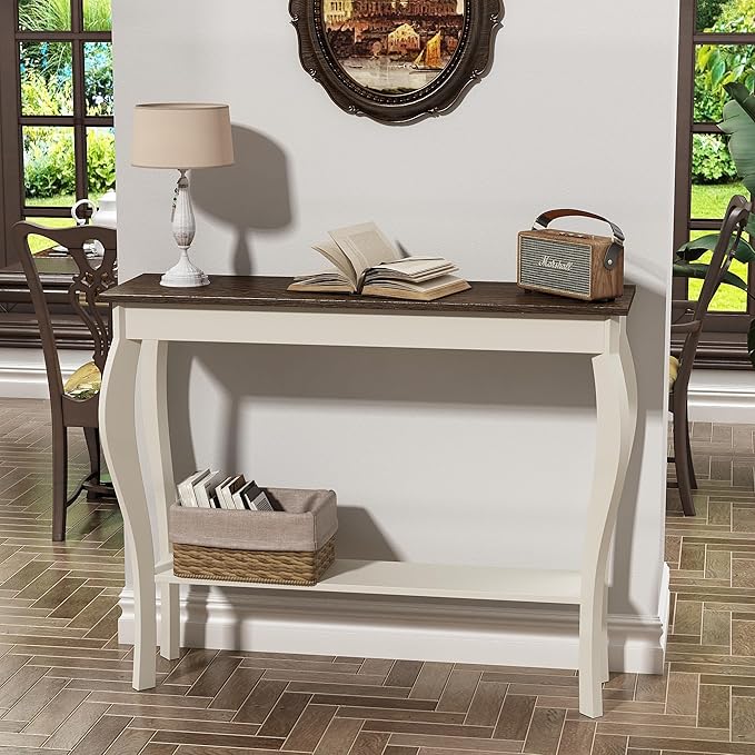 ChooChoo Narrow Farmhouse Console Table, Chic Accent Sofa Table, Entryway Table, Soft White