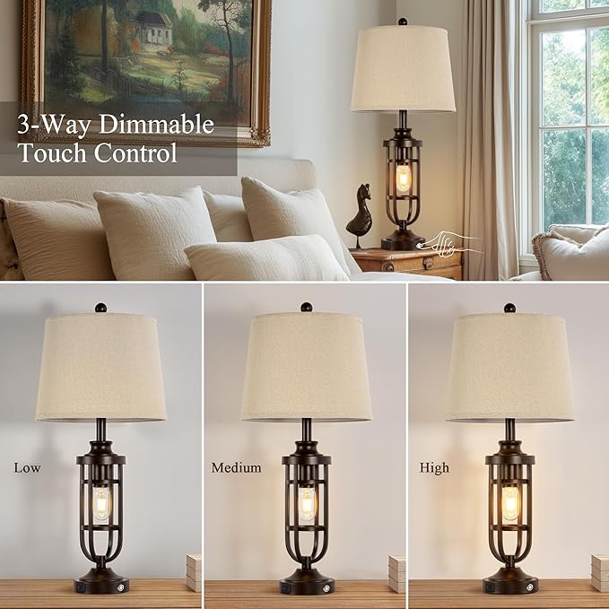 28.8" Farmhouse Table Lamps for Living Room Set of 2, 3-Way Dimmable Touch Lamps with USB Ports, Rustic Nightstand Lamps for Bedroom End Tables, Bulbs Included