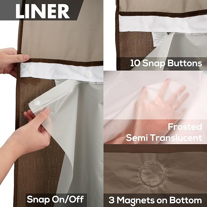 No Hook Slub Textured Shower Curtain with Snap-in PEVA Liner Set - 71" x 74"(72"), Hotel Style with See Through Top Window, Machine Washable & Water Repellent, Chocolate Brown, 71x74