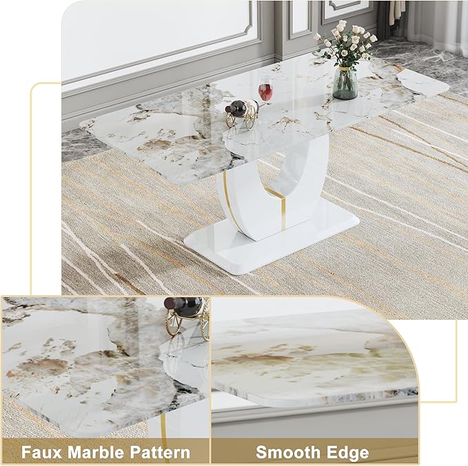 Dining Table Set for 8, Kitchen Table Chairs Set of 8, Modern Dining Room Set with 71" Marble Dinner Table PU Leather Upholstered Chairs for Kitchen