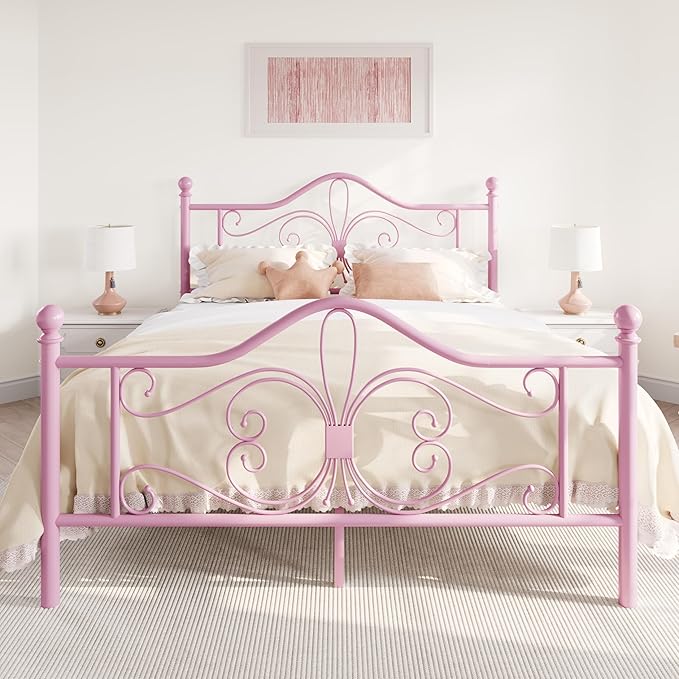 SHA CERLIN Queen Size Bed Frame for Kids,Metal Bed Frame with Butterfly Pattern Design Headboard and Footboard,No Box Spring Needed,Easy Assembly,Pink