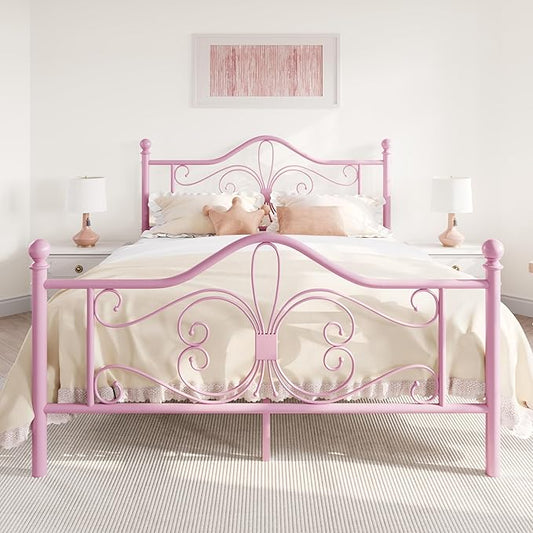 SHA CERLIN Queen Size Bed Frame for Kids,Metal Bed Frame with Butterfly Pattern Design Headboard and Footboard,No Box Spring Needed,Easy Assembly,Pink