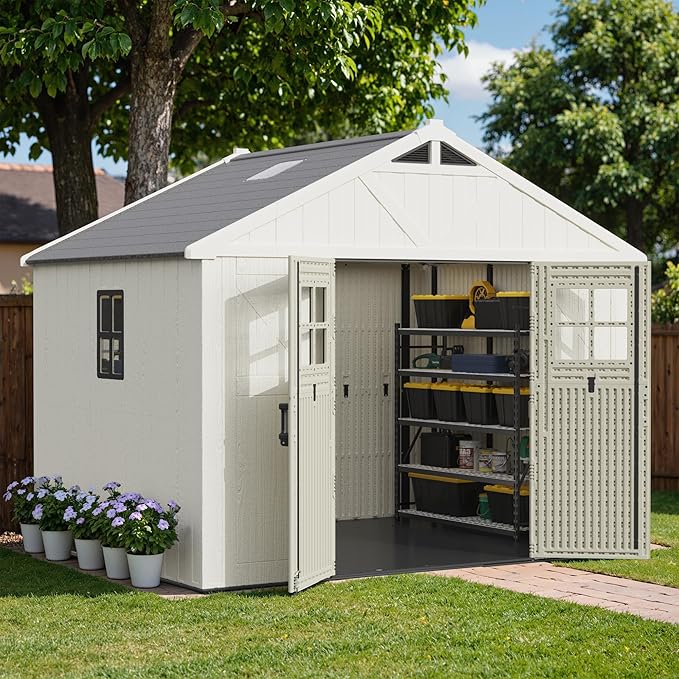 Greesum 10×8 FT Plastic Outdoor Storage Shed with Floor and Lockable Door, Resin Sheds with Windows and Skylights, Weather Resistant Organization for Garden, Lawn, Pool Supplies, Beige