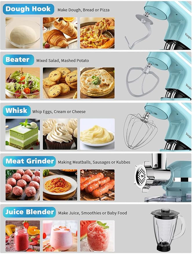 Vospeed 9 IN 1 Stand Mixer, 850W Tilt-Head Multifunctional Electric Mixer with 8 QT Stainless Steel Bowl, 1.5L Glass Jar, Meat Grinder, Hook, Whisk, Beater Dishwasher Safe (Blue)