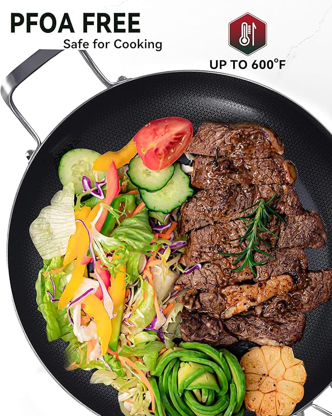 12 Inch Hybrid Non-Stick Stainless Steel Frying Pan - With Lid & Helper Handle, Induction Compatible Skillet, Dishwasher Safe, Oven Safe, Ideal for All Stovetops & Versatile Cooking