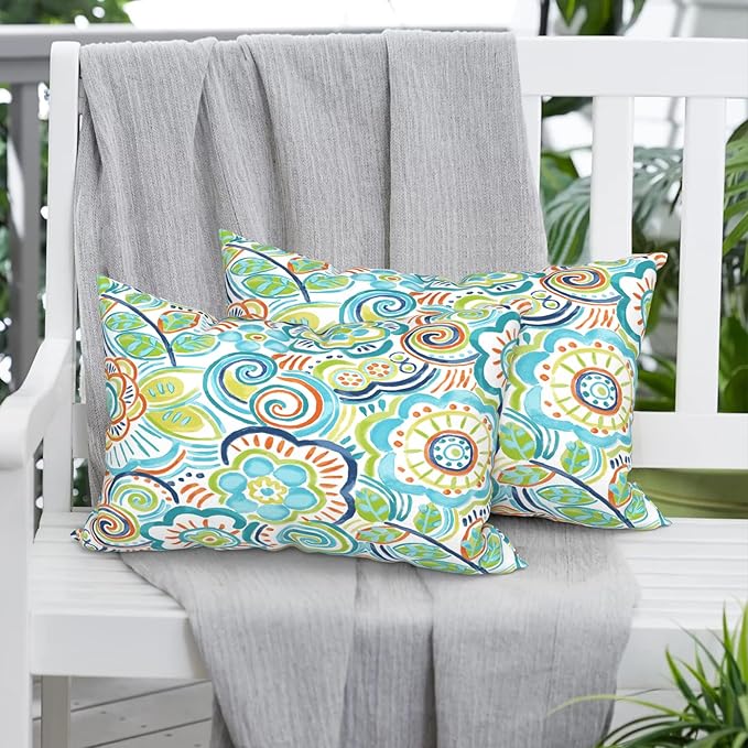 Pack of 2 Outdoor Lumbar Pillow Covers, All Weather Cushion Pillow Cases 12x20 Inch, Pillowcase for Patio Couch Decoration, Flower Blue