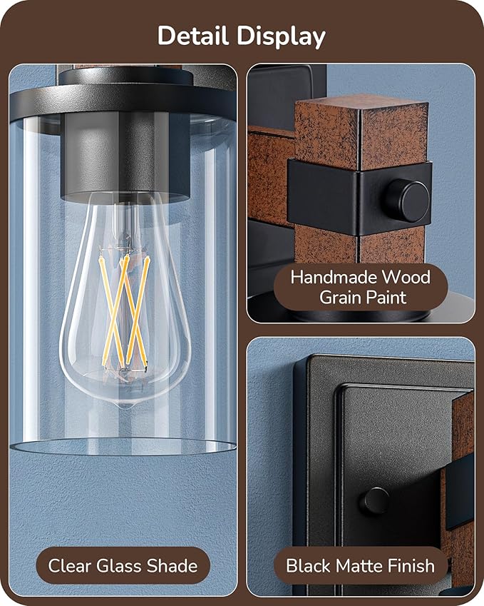 EDISHINE Wall Sconces Set of 2, Farmhouse Vanity Lights Fixtures for Bathroom, 1-Light Faux Wood Rustic Bath Wall Mount Lamp with Clear Glass Shade for Hallway, Living Room, Mirror, Kitchen