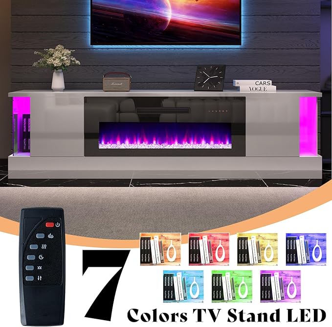 AMERLIFE High Gloss Fireplace TV Stand with 36" Fireplace, 70" LED Lights Entertainment Center with Flip Doors & Corner Glass Decor, Modern Console Table for TVs up to 80", Living Room, White