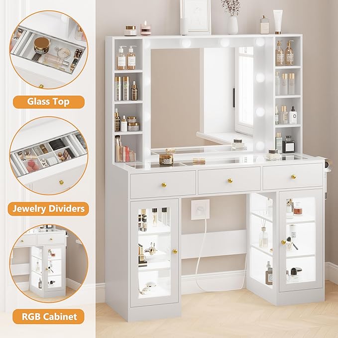 White Vanity Desk with Mirror and Lights, Glass Top Vanity with Lighted Mirror & RGB Glass Cabinet and 3 Drawers, Makeup Vanity Desk with Lights Dressing Table for Bedroom, 3 Color Modes