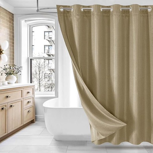 MitoVilla No Hooks Needed Beige Waffle Shower Curtain with Snap-in Liner, Modern Waffle Weave Heavy Duty Fabric Cloth Shower Curtain for Luxury Neutral Hotel Spa Bathroom Decor, 72 x 74, Beige/Khaki