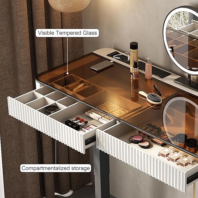 Lartis Vanity Table with Stool,Electric Lift Vanity Desk,Vanity Set，Up and Down Desk, Standing Vanity with Drawer (Ivory White, 47 in)