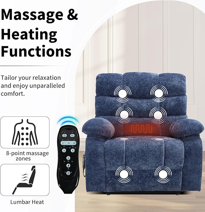 Lay Flat Recliner with Vibration Massage and Lumbar Heating, 26'' Wide Recliner Chair with Infinite Position and 2 Remote Controls, Soft Chenille Lift Recliner for Living Room, Blue
