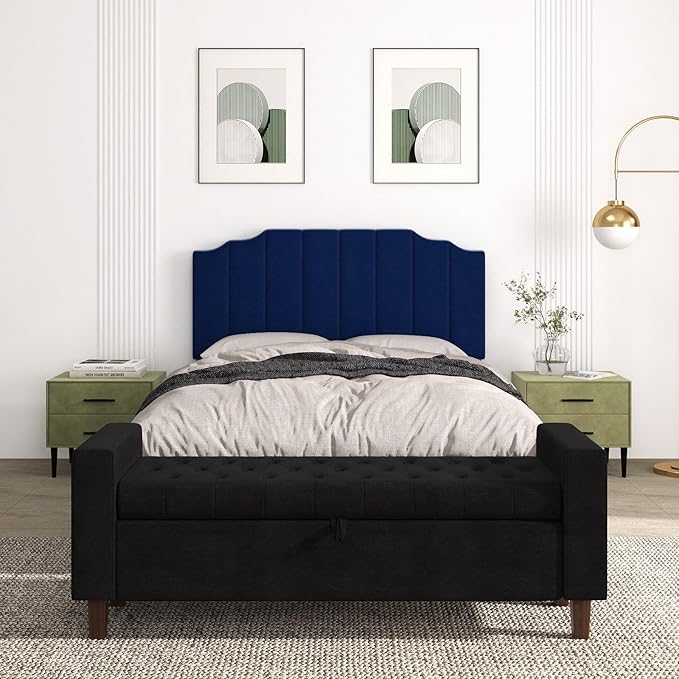 Queen Size Headboard Only, Velvet Wall Mounted Headboard Queen/Full Size for Adjustable Bed, Modern Vertical Channel Design with Curved Upholstered Head Board, Royal Blue