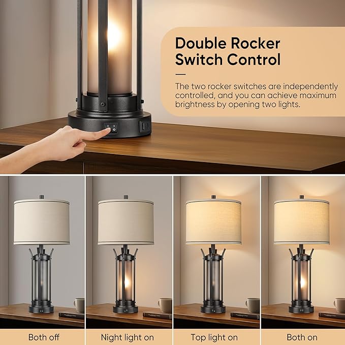 QiMH Farmhouse Table Lamps for Living Room, Beside Lamps for Bedroom with USB A+C Charging Ports, Rustic Nightstand Lamp Set of 2 with Frosted Glass Night Light, 4 Bulbs Included (Black)