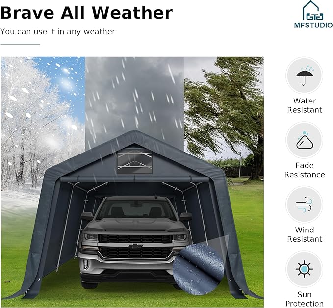 MFSTUDIO Outdoor Carport 13x22 ft, Portable Storage Sheds Shelter Garages Heavy Duty Canopy with Rolled up Zipper Doors, Outside Utility Shed Garage Tent for Boat,Patio Furniture and Tools