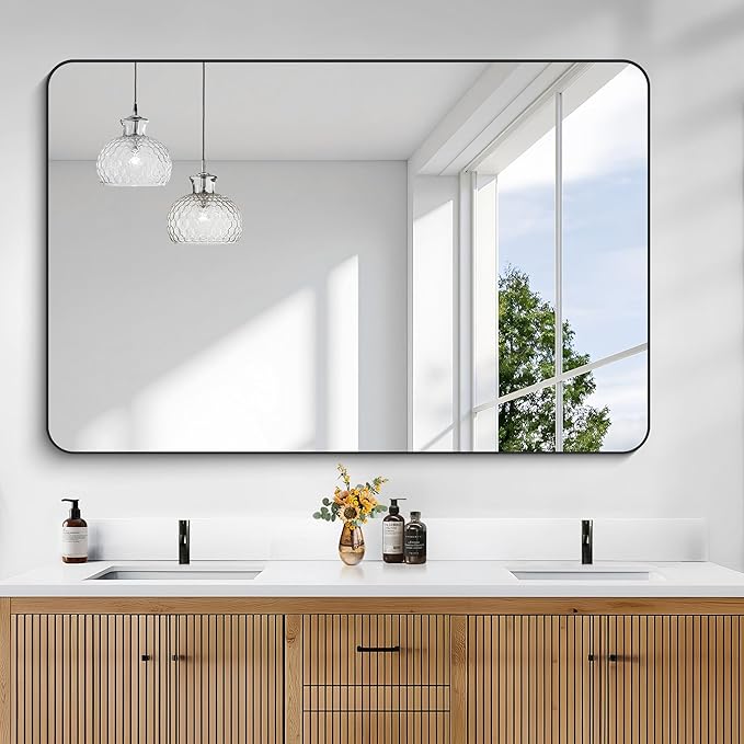 KOCUUY 55x36 Black Bathroom Mirror, Large Matte Black Vanity Mirror, Tempered Glass Mirror for Bathroom Wall, Black Rounded Rectangle Mirror Modern Decor for Bedroom, Living Room, Farmhouse, Entryway