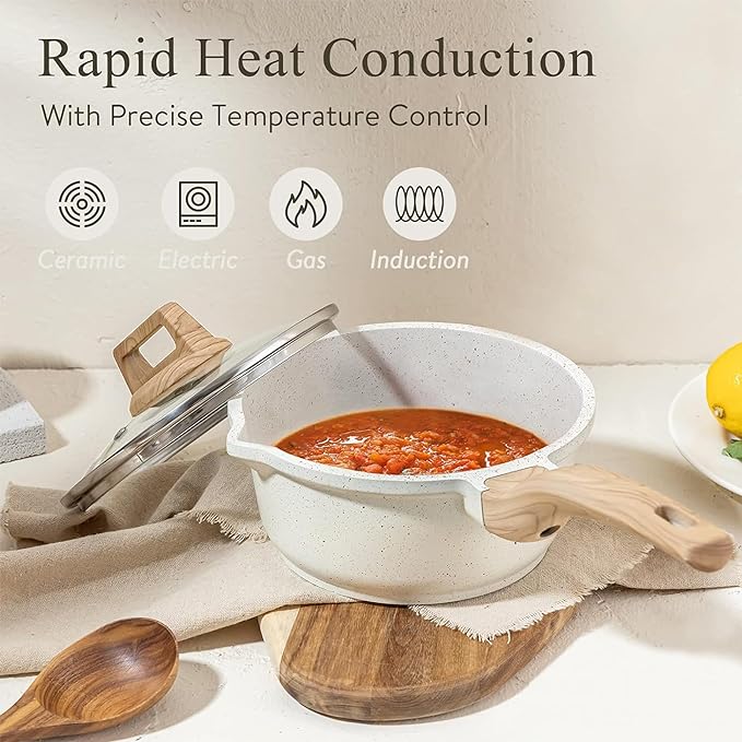 CAROTE 1.5Qt & 3.0Qt Sauce Pan Sets with Lid Cooking Pots Nonstick Saucepans Cookware Set with Pour Spout Small Kitchen Pot, Induction Comptable, Easy to Clean, PFOA FREE (White Granite)