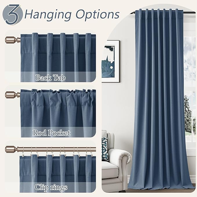 Guken Blackout Curtains 63 Inch Length 2 Panels Set for Living Room Bedroom Back Tab Thermal Insulated 100% Black Out Linen Drapes Room Darkening Window Curtains 63 Inches Long,Denim Blue