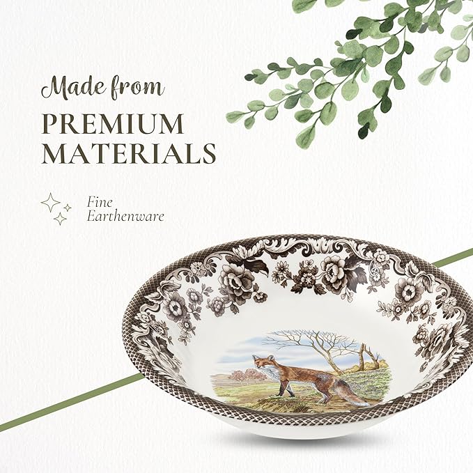 Spode Woodland Ascot Cereal Bowl, Red Fox – 8" Fine Earthenware Bowl Made in England, Versatile for Oatmeal, Salads & Desserts, Charming Wildlife Design – Microwave & Dishwasher Safe