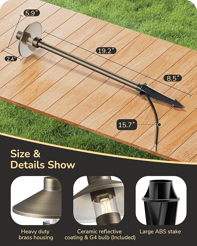 EDISHINE Solid Brass Low Voltage Landscape Lighting, 22" Tall 6" Shade w/ G4 Bulb, 6Pack 12V 350LM Heavy Duty Outdoor Landscape Path Light, Waterproof Bronze LED Pathway Lights Wired with Large Stake