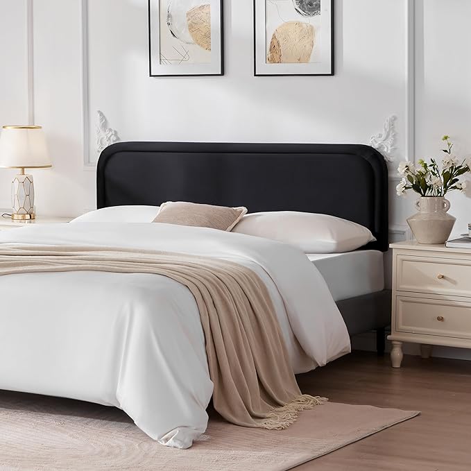 Velvet Fabric Headboard for King Size Bed, Upholstered King Headboard Only, Dorm Headboards from 41” to 49” Height, Sturdy and Durable Solid Wood Bed Head Board, Black