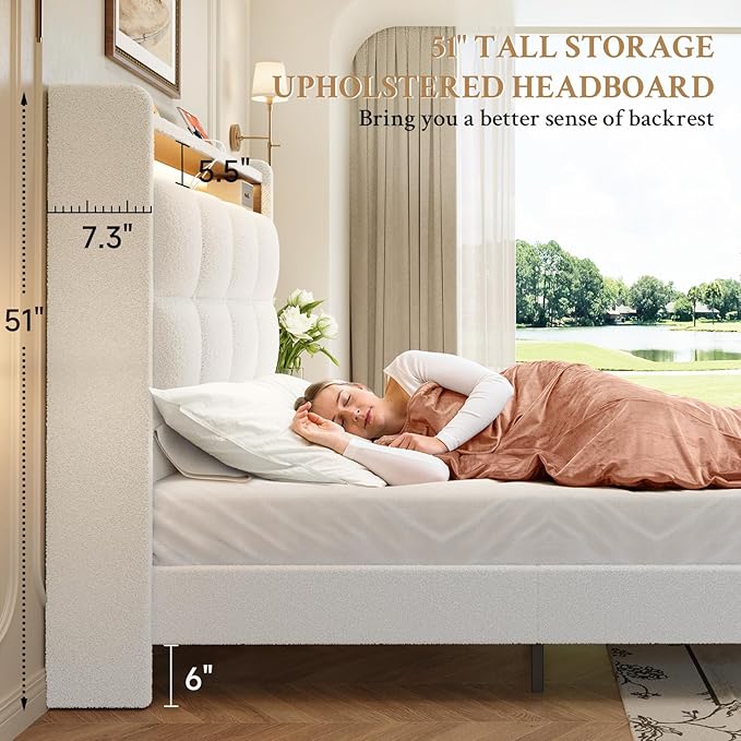King Size Bed Frame, 51" Tall Wingback Tufted Headboard, Teddy Fleece Upholstered Bed Frame, LED Lights & USB/Type-C Port and Double Storage Shelf, No Box Spring Needed, Easy Assembly, White