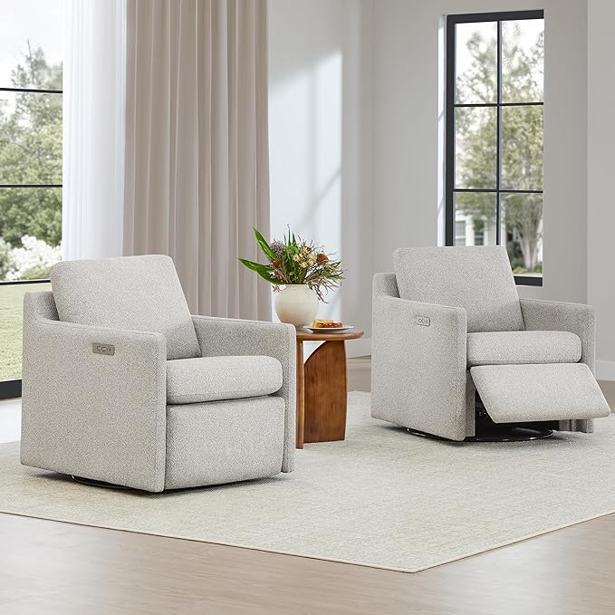 CHITA Swivel Accent Chair with Electric Footrests, FSC Certified Upholstered Living Room Sofa Chair with Power Motor, USB and Type-C Ports, Light Grey