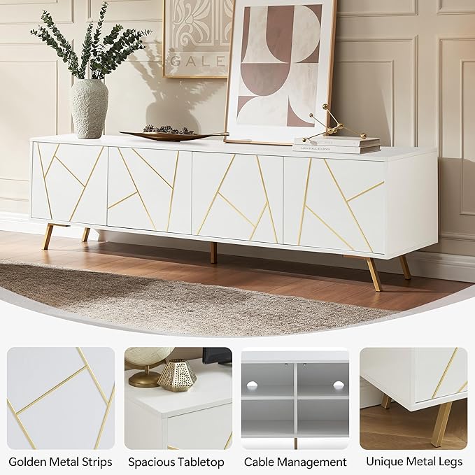 EDYO LIVING Mid Century Modern TV Stand for 75" TV, Wood Entertainment Center with Storage Cabinet, Media TV Console for Living Room and Bedroom, White