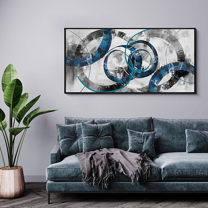 XLSJERST Large Frame Wall Art Blue Abstract Canvas - Modern Art Decor Pictures for Living Room Bedroom Office Gray and White Paintings Artwork Size 24x48 Inches