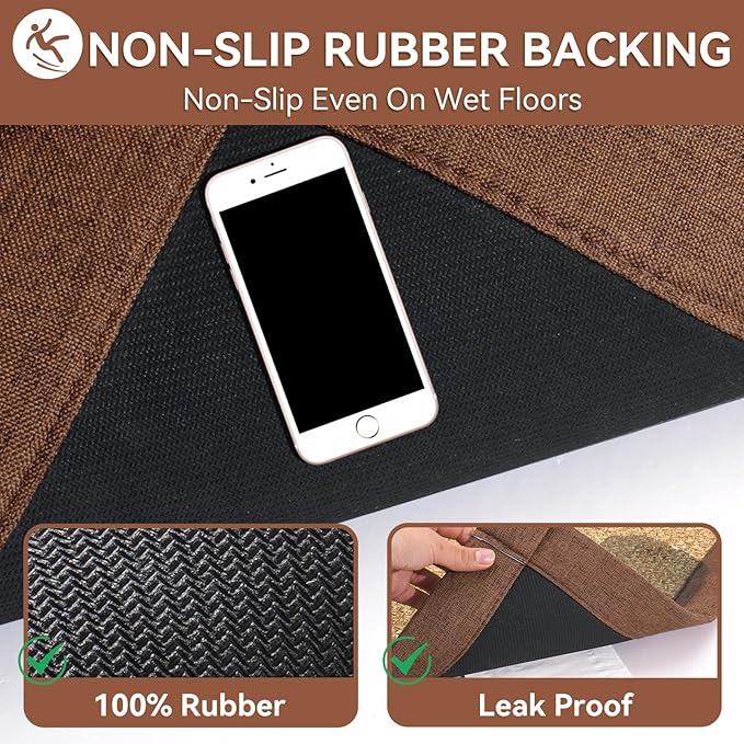 Non Slip Bath Mat Bathroom Rugs, Soft Jute-Like Ultra Thin Bath Mats, Rubber Backing Super Absorbent Quick Dry Bath Rug Shower Mat Fit Under Door Bathroom Floor, Machine Washable, Brown 16"x24"