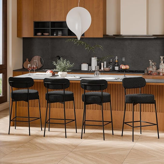 DYHOME Black Bar Stools Set of 4, 24 Inches Modern Counter Height Bar Stools with Curved Back Metal Legs, Upholstered Boucle Barstools for Kitchen Island, Cafe