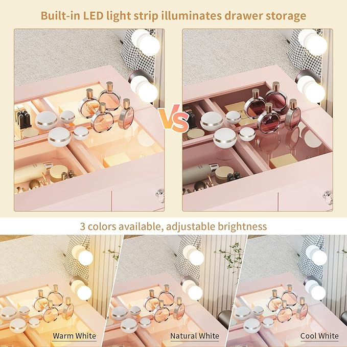 VOWNER Vanity with Lighted Mirror - Glass Top Makeup Vanity Desk with Lights and 11 Drawers, 3 Color Lighting Modes Adjustable Brightness, 46" Makeup Desk with Soft Cushioned Stool for Bedroom, Pink