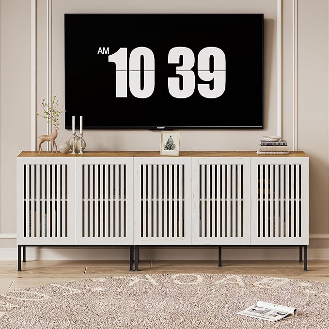 Farmhouse TV Stand for TVs up to 85 inch, 2 in 1 Entertainment Center TV Console with Storage Cabinets and Metal Base,Media Console for Living Room, Antique White