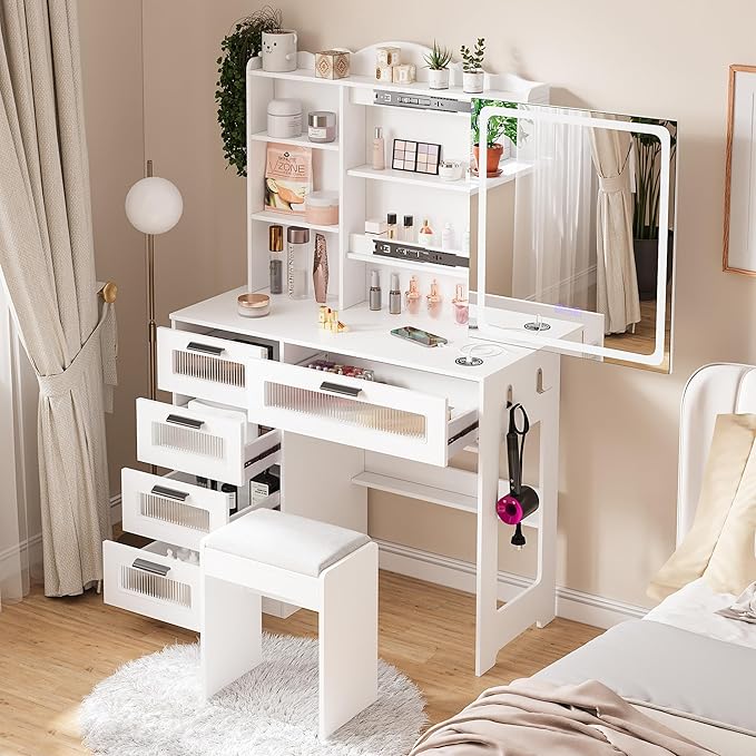 HNEBC Vanity Desk with Sliding Mirror and LED Lights, RGB Vanitys with Charging Station, Makeup Vanitys with Remote Control, White Dresser with Stool/Lager Drawers for Bedroom (White)