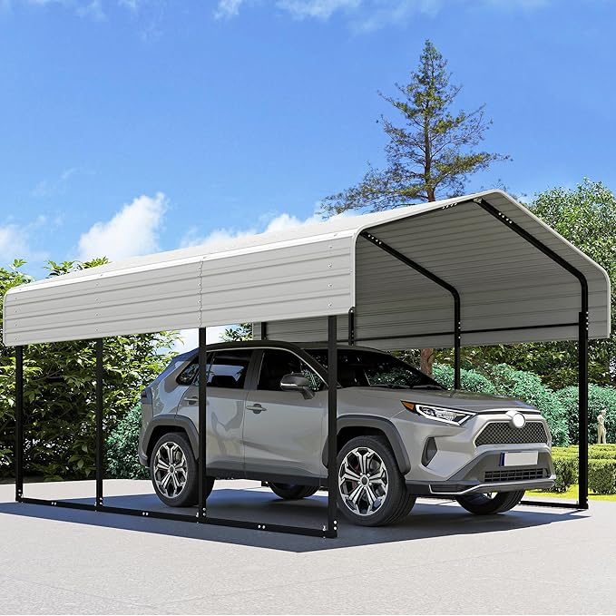Real Relax 10×15FT Heavy Duty Carport, Metal Car Port Multi-Use Outdoor Storage Cars, Boats, Trucks, Galvanized Metal Roof, Cream White