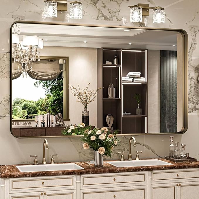Bronze Bathroom Mirror 72x36 Inch, Brushed Bronze Metal Frame Mirror for Wall, Rounded Rectangle Bathroom Vanity Mirror with Tempered Glass, Anti-Rust, Horizontal/Vertical
