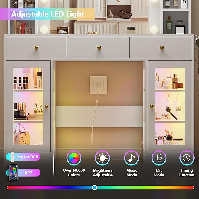 White Vanity Desk with Mirror and Lights, Glass Top Vanity with Lighted Mirror & RGB Glass Cabinet and 3 Drawers, Makeup Vanity Desk with Lights Dressing Table for Bedroom, 3 Color Modes