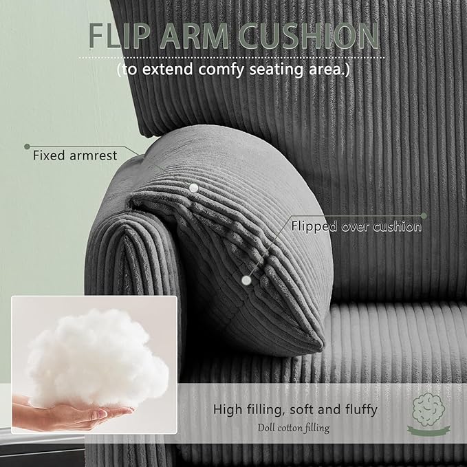 Corduroy Single Sofa Chair Modern Upholstered Accent Chair for Reading Comfy Living Room Chair with Side Pocket Oversized Armchair for Bedroom Lounge(Charcoal)