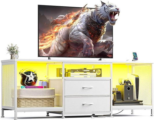 55" W TV Stand for Bedroom with LED Lights & Power Outlets Dresser TV Stand with 2 Drawers for 65" TV with Open Storage Shelves
