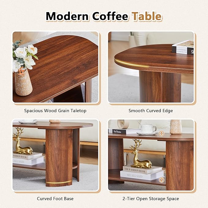 43.3” Oval Coffee Table with Storage, Wood Coffee Tables for Living Room, Farmhouse Center Table with 2-Tier Storage Shelf Low Tea Table for Small Space, Home, Office (Walnut)