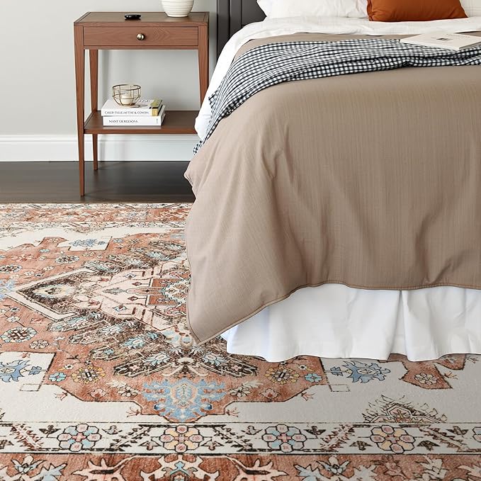 Vintage Area Rug 5x8 Rugs, Machine Washable Vintage Area Rug Non-Slip Low Pile Large Rug for Living Room, Bedroom, Farmhouse, Dining Room, Orange