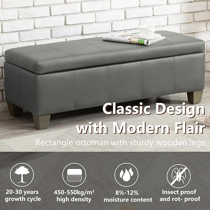 51 Inch Faux Leather Ottoman with Storage, End of Bed Bench with Large Storage, Rectangular Extra Long Bench for Bedroom and Living Room, Light Grey