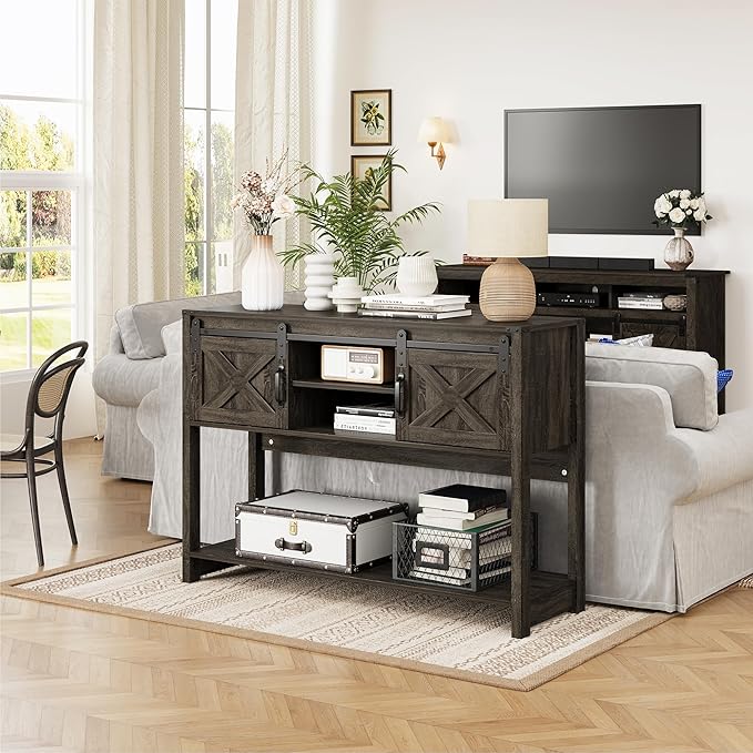 RoyalCraft Console Table with Storage Shelf & Sliding Barn Door, Farmhouse Entryway Table with Storage, 46" Narrow Long Sofa Table, Behind Couch Table, Console Tables for Living Room, Entryway, Foyer