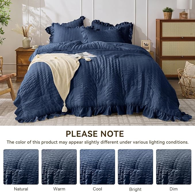 JOLLYVOGUE Navy Blue Twin Size Comforter Set, 2 Pieces Seersucker Lightweight Fluffy Bedding Set, Twin Ruffle Comforter, All Season Soft Microfiber Shabby Chic Bed Set