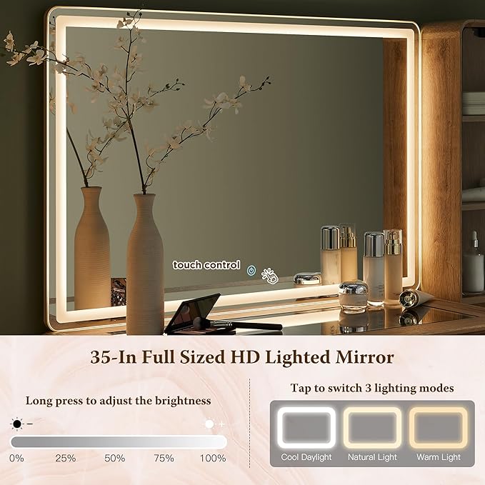 Fluted Makeup Vanity Desk with Large 35" HD Lighted Mirror, 48" Mid Century Modern Glass Top Vanity Table with 5 Drawers & Adjustable Shelf, Dressing Table w/Charging Station for Bedroom, Natural Oak