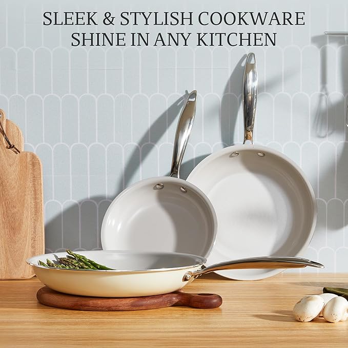 KITEXPERT Non Stick Frying Pans Set, Titanium Ceramic Pan Skillet Set Non Toxic, 8" 9.5" 11" Nonstick Frying Pan, Stainless Steel Handle, Dishwasher & Oven Safe, PFAS & PTFE & PFOA Free, Cream