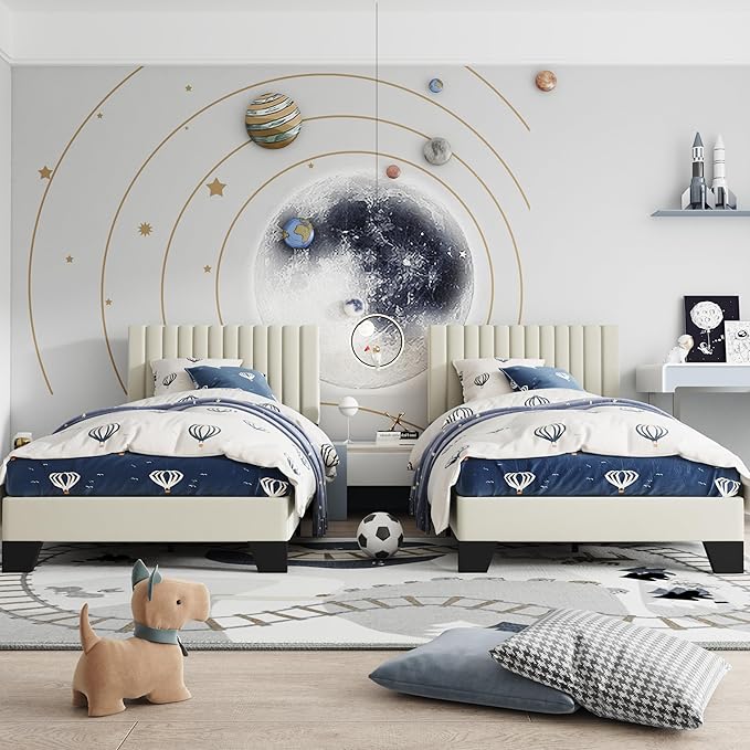 Twin Size Bed Frame, Velvet Upholstered Platform Bed with Adjustable Tufted Headboard, Sturdy Frame and Slats, No Noiseless, No Box Spring Required, Easy Assembly, Beige